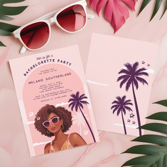 Invitación Fiesta de bachillerato de playa rosa retro (Retro Pink Girly Beach Bachelorette Party Invitation)