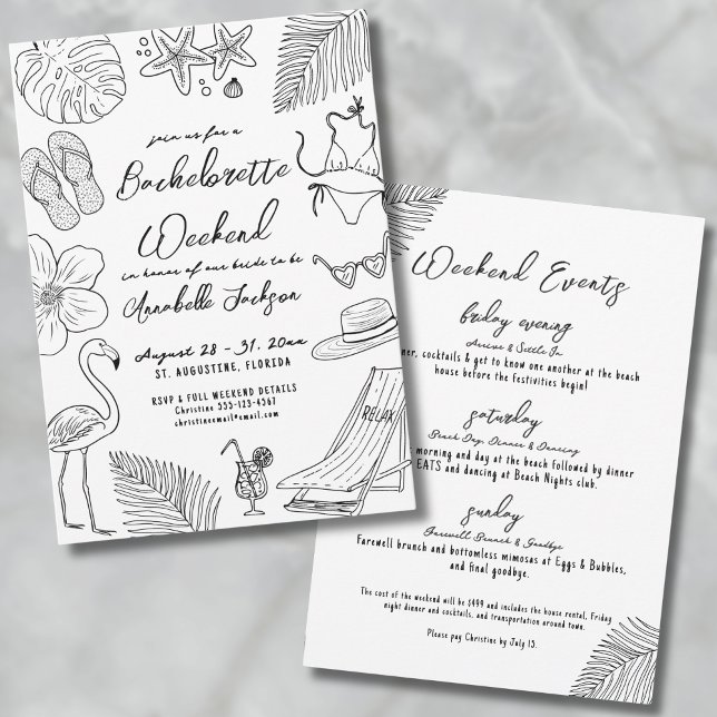Invitación Fiesta de bachillerato de playa tropical dibujada  (Hand Drawn Tropical Beach Bachelorette Party Invitation)