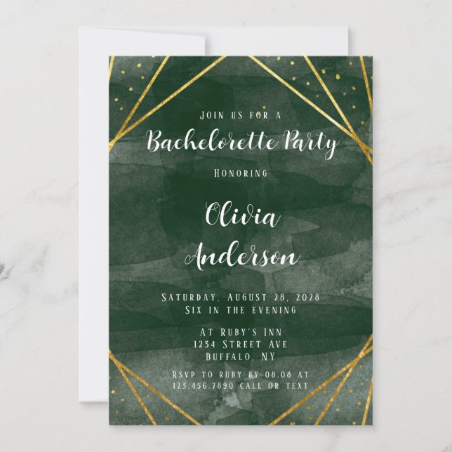 Invitación Fiesta de bachillerato geométrico de oro y verde e (Anverso)