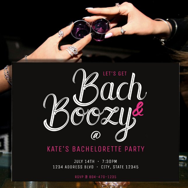 Invitación Fiesta de bachillerato negro y rosa (Bach & Boozy Black & Pink Bachelorette Party Invitation
)