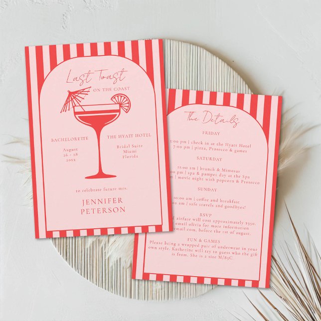 Invitación Fiesta de bachillerato rosado de Boho Beach Itiner (beach bachelorette weekend last toast coastal nautical stripes boho arch elegant classy red pink)