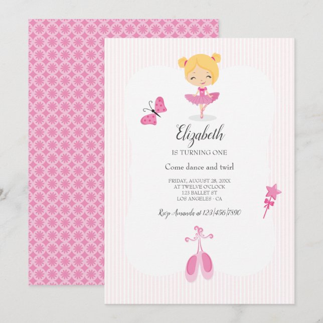 Invitación Fiesta de Bailarina Rosa (Anverso / Reverso)