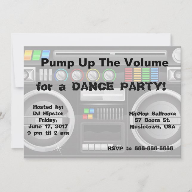 Invitación fiesta de baile con boombox retro personalizable (Anverso)