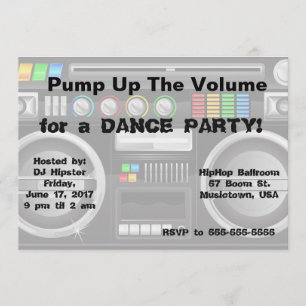 Invitación fiesta de baile con boombox retro personalizable