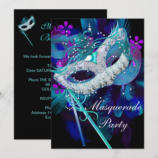 Invitación Fiesta de Baile de Máscaras Azul Turquesa Máscaras (Anverso / Reverso)