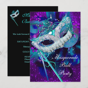 Invitación Fiesta de Baile de Máscaras Azul Turquesa Morado M