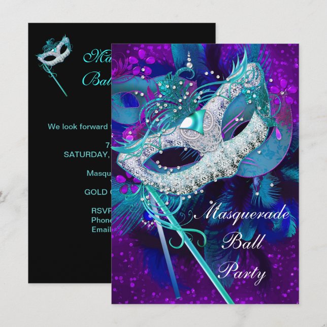 Invitación Fiesta de Baile de Máscaras Azul Turquesa Morado M (Anverso / Reverso)