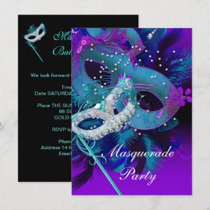 Invitación Fiesta de Baile de Máscaras Máscaras Azules y Mora