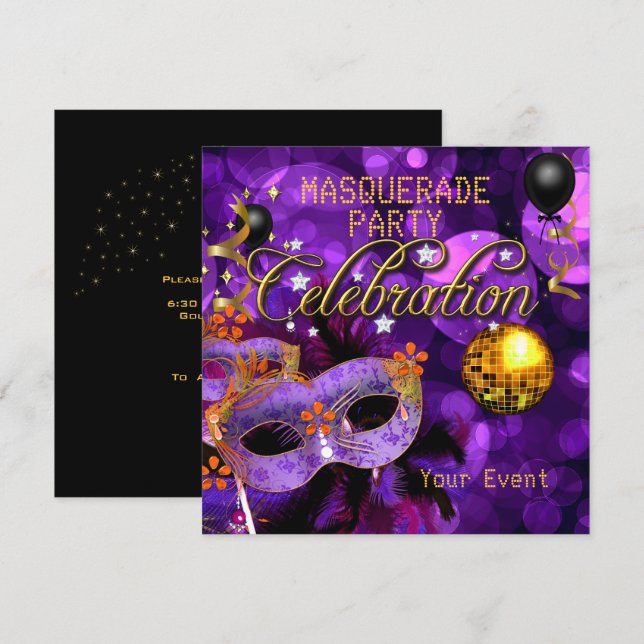 Invitación Fiesta de baile de oro púrpura con máscara Bola de (Anverso / Reverso)