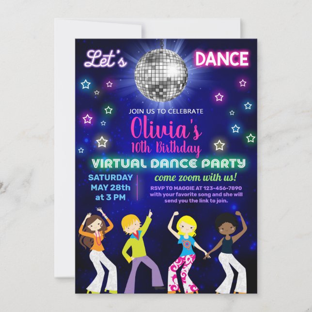 Invitación fiesta de baile disco chica, fiesta de baile virtu (Anverso)