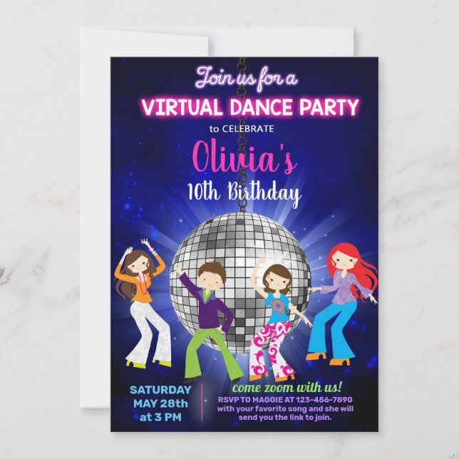 Invitación fiesta de baile disco chica, fiesta de baile virtu (Anverso)