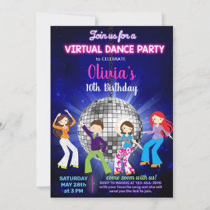 Invitación fiesta de baile disco chica, fiesta de baile virtu