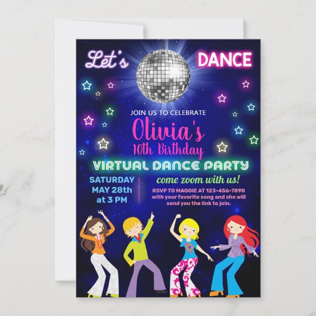 Invitación fiesta de baile disco chica, fiesta de baile virtu (Anverso)