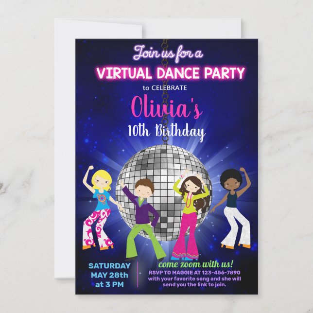 Invitación fiesta de baile disco chica, fiesta de baile virtu (Anverso)