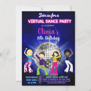 Invitación fiesta de baile disco chica, fiesta de baile virtu