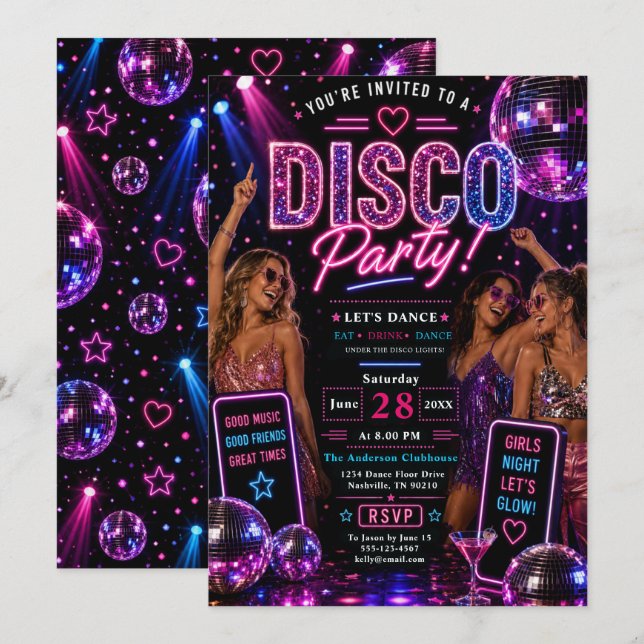Invitación Fiesta de baile Disco Neon (Anverso / Reverso)