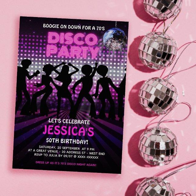 Invitación Fiesta de baile disco Purple 70 (Time to get you groove on with our out of sight, 70s Disco Party birthday invitation. )