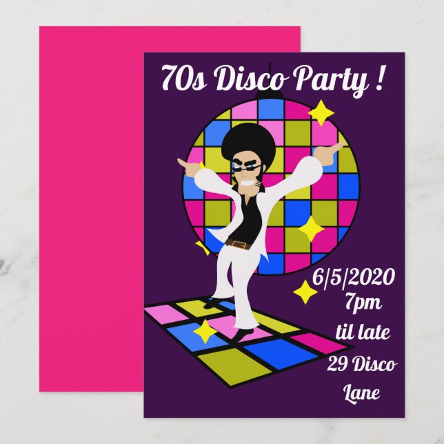 Invitación fiesta de baile discográfico retro de los años 70 (Anverso / Reverso)