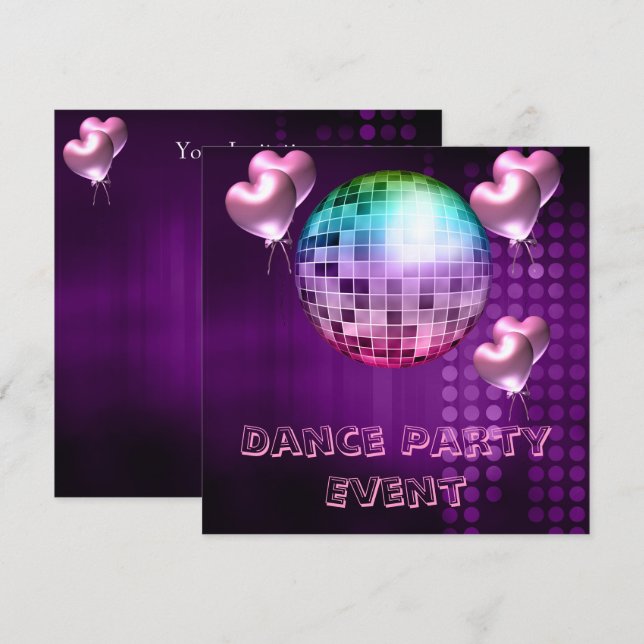 Invitación Fiesta de Baile Morado Evento Espejo de Amor Globo (Anverso / Reverso)