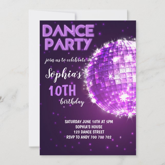 Invitación Fiesta de baile Purple Disco Chica Cumpleaños (Anverso)