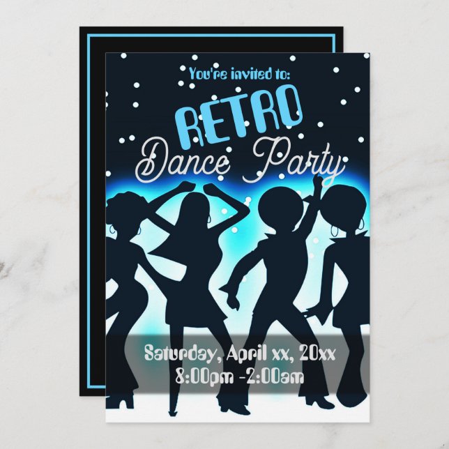 Invitación Fiesta de Baile Retro Verde Azul  (Anverso / Reverso)