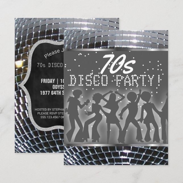 Invitación Fiesta de baile Silver Disco Ball| Fiesta retro 70 (Anverso / Reverso)