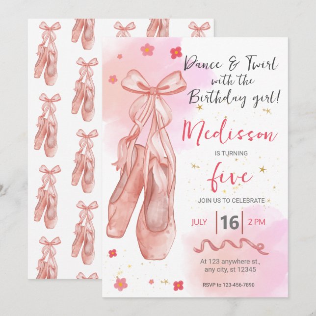 Invitación Fiesta de ballet de cumpleaños de chica Rosa Cute (Anverso / Reverso)