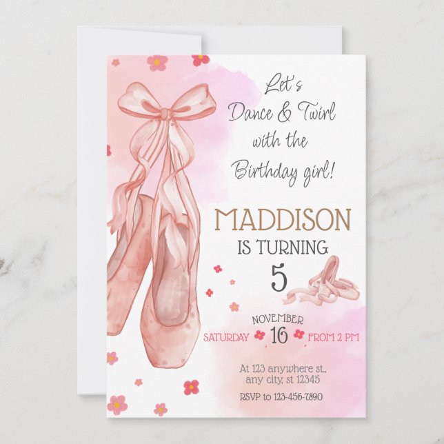 Invitación Fiesta de ballet de cumpleaños de chica Rosa Cute (Anverso)