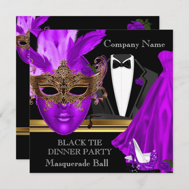 Invitación Fiesta de balón de máscaras morado negro (Anverso / Reverso)