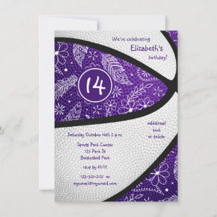 Invitación fiesta de baloncesto femenino boho blanco y morado