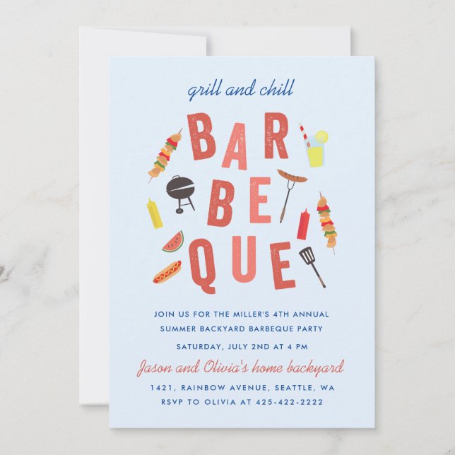 Invitación Fiesta de barbacoa Chill and Grill Azul (Anverso)