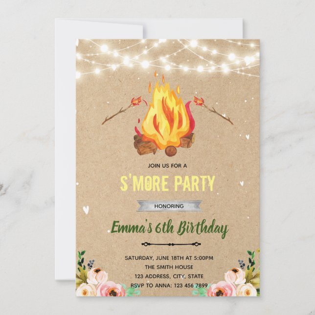Invitación fiesta de barbacoa con hoguera de malvaviscos flor (Anverso)