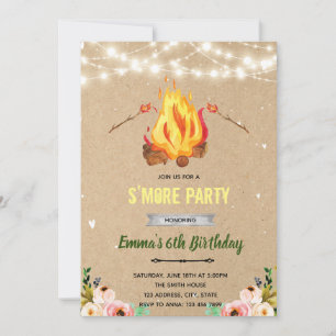 Invitación fiesta de barbacoa con hoguera de malvaviscos flor