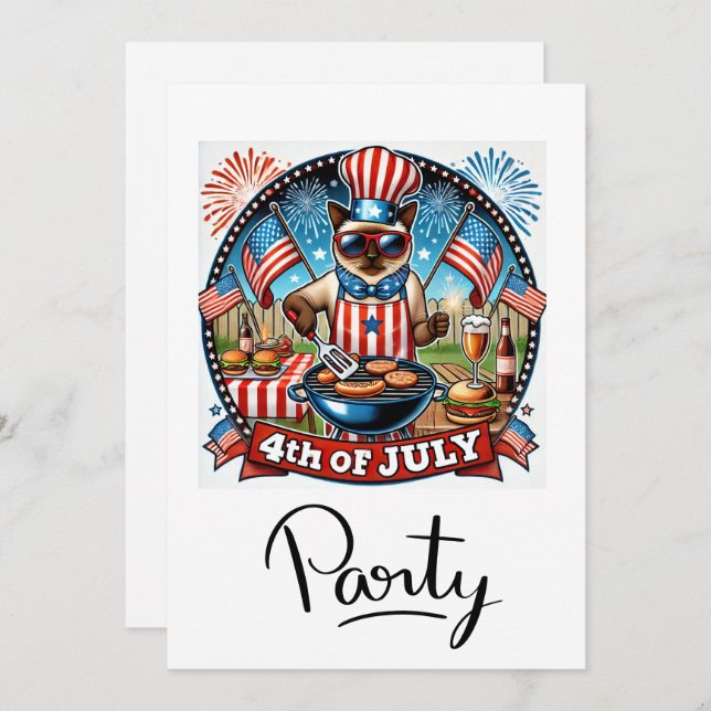 Invitación Fiesta de barbacoa de CAT 4 de julio Día de la Ind (Anverso / Reverso)