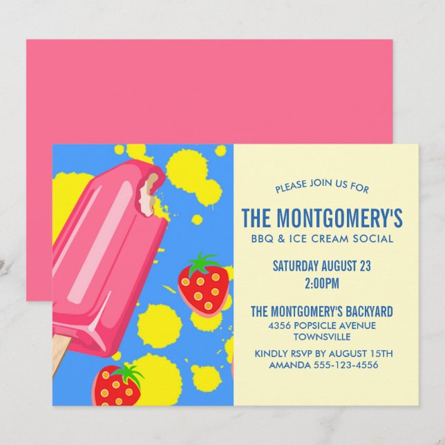 Invitación Fiesta de barbacoa de rosa y fresas (Anverso / Reverso)