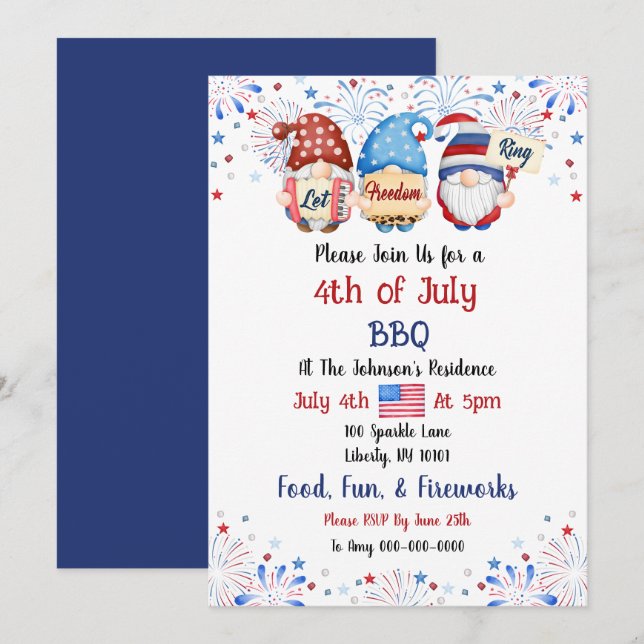 Invitación Fiesta de Barbacoa del 4 de Julio con Acuarela (Anverso / Reverso)