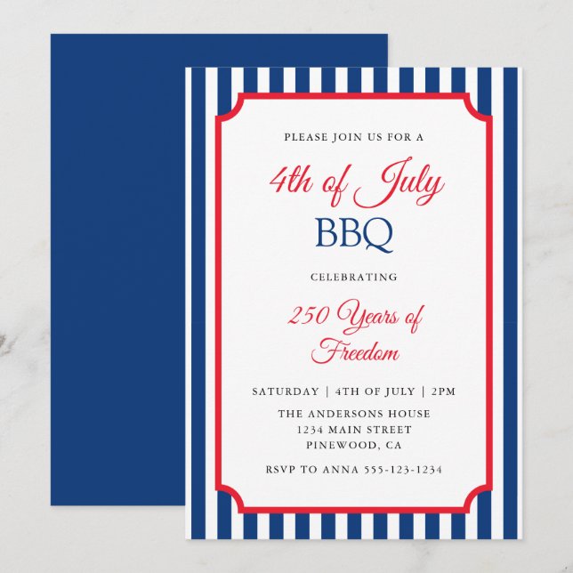 Invitación Fiesta de Barbacoa del 4 de Julio con Rayas Clásic (Anverso / Reverso)