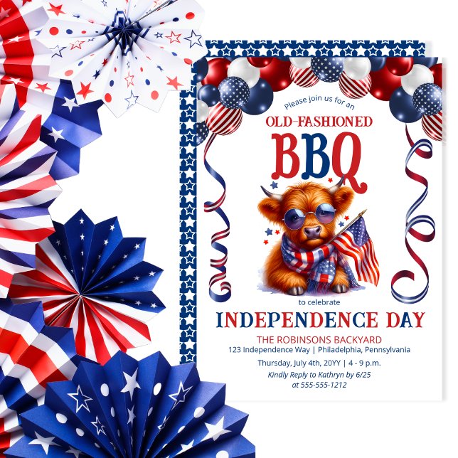 Invitación Fiesta de barbacoa del Día de la Independencia de  (Balloon Arch Cute Cool Highland Cow Calf Sporting Sunglasses Independence Day BBQ July 4 Invitation)