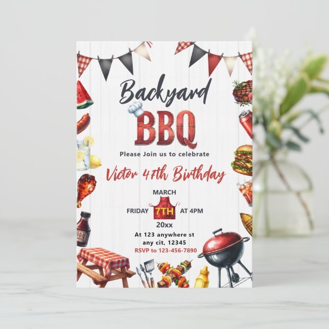 Invitación Fiesta de barbacoa en el jardín cumpleaños (Anverso de pie)