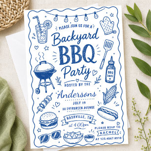 Invitación Fiesta de barbacoa en el patio trasero azul Verano