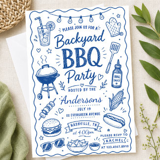 Invitación Fiesta de barbacoa en el patio trasero azul Verano