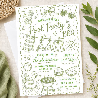 Invitación Fiesta de barbacoa en la piscina con vegetación Ve