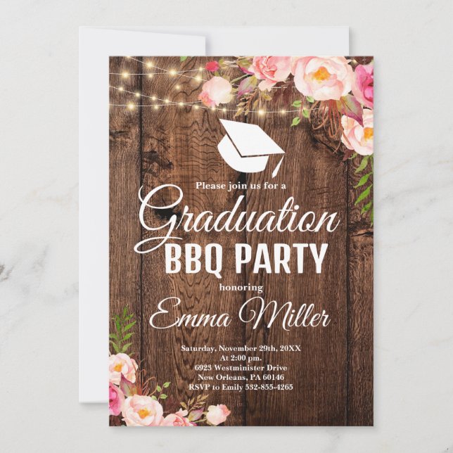 Invitación Fiesta de barbacoa para graduación de madera (Anverso)