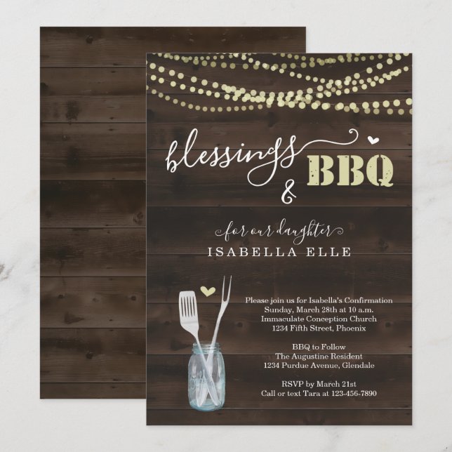 Invitación Fiesta de barbacoa rústica de Primera Comunión / C (Anverso / Reverso)
