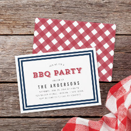 Invitación Fiesta de barbacoa White Blue y Red Gingham