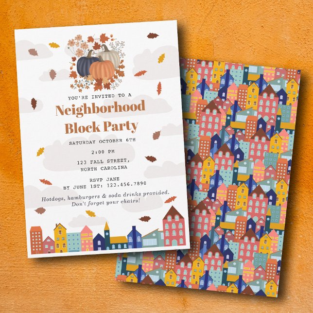 Invitación Fiesta de Barrio de Otoño de Calabazas (Fall Autumn Pumpkins Neighborhood Block Party Invitation)