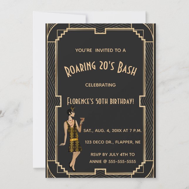 Invitación Fiesta de Bash de Cumpleaños Editable Roaring 20 (Anverso)