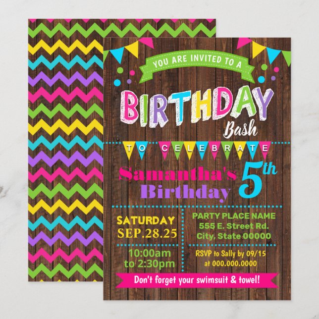 Invitación Fiesta de Bash de Cumpleaños Rosado Caliente (Anverso / Reverso)