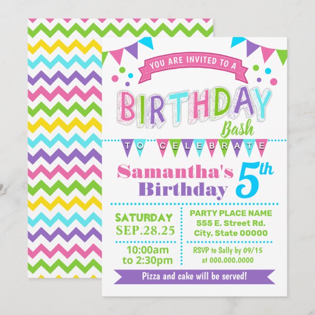 Invitación Fiesta de Bash Nacido Pink Verde azulada Purple (Anverso / Reverso)