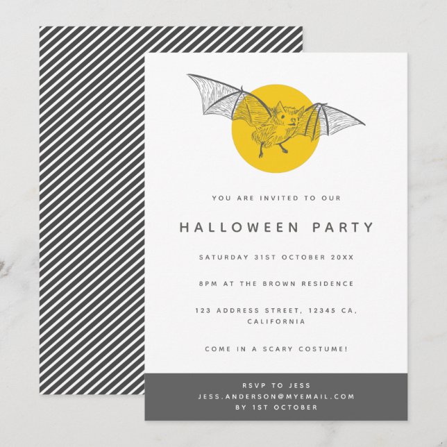 Invitación Fiesta de Bat Halloween | Moon Amarilla moderna di (Anverso / Reverso)